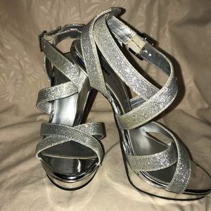 Silver crisscrossed glitter platform heels